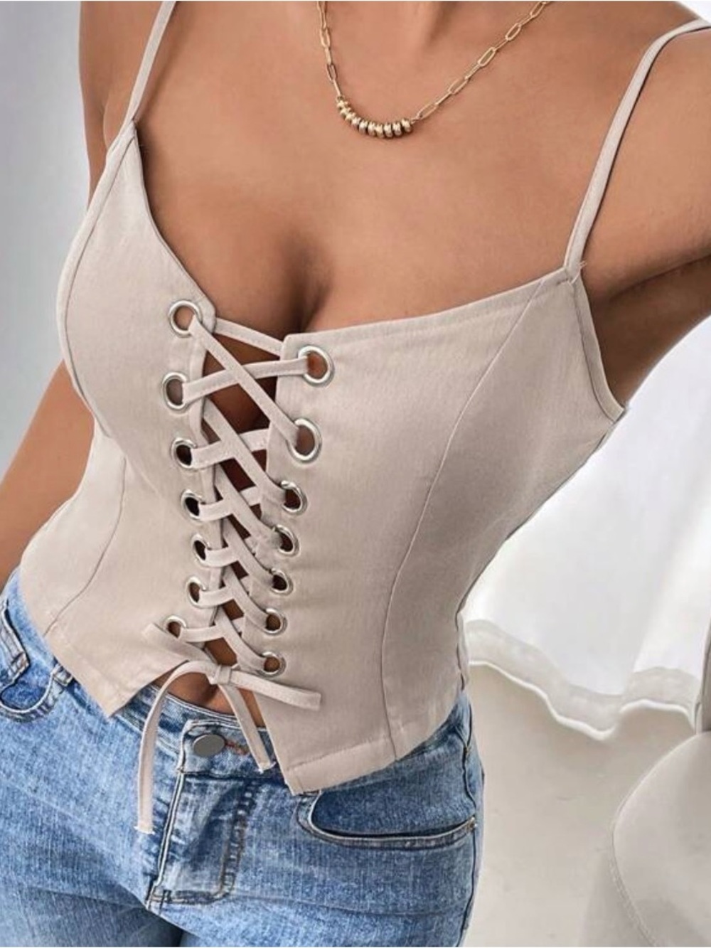 Lace-Up Corset Cami Top - Beige